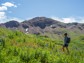A hiker walking through a flowery field in Colorado.